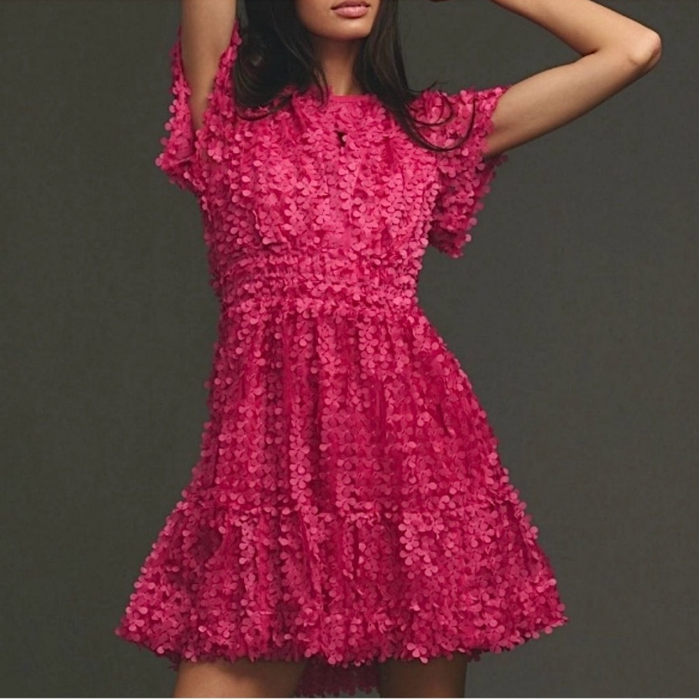 Anthropologie The Somerset Mini Dress: Floral Appliqué Edition in Pink, NEW